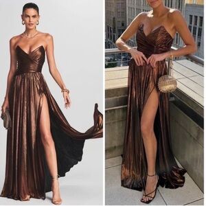 RETROFETE Waldorf Strapless Pleated Metallic Coffee Bean Brown Maxi Dress Sz S